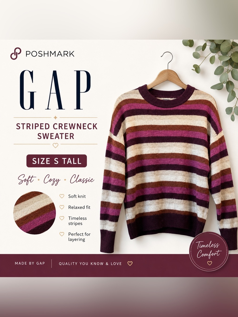 GAP Women's Striped Sweater in Purple and Brown Wool Alpaca Quiet Luxury Small